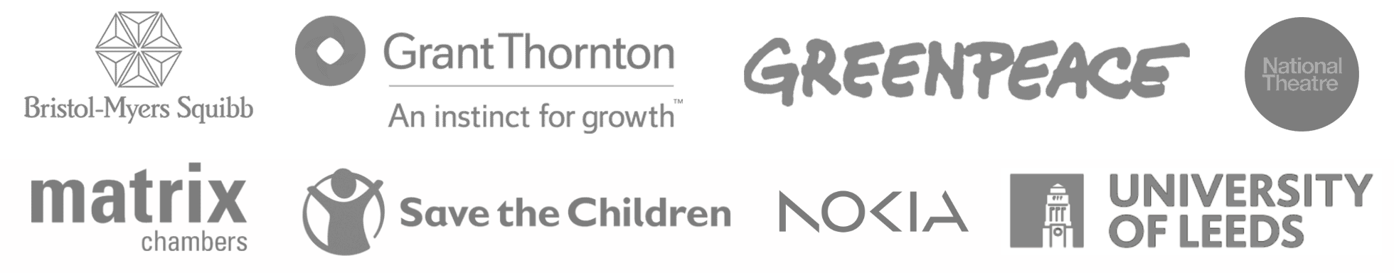 Bristol-Myers Squibb, Grant Thornton, Greenpeace, National Theatre, Matrix Chambers, Save the Children, Nokia, University of Leeds
