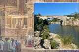 Calm river scene superimposed over Catholic Mass service in ornate church.