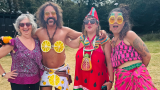 Liz at Buddhafield with her fruity friends