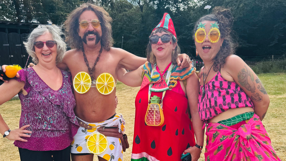 Liz at Buddhafield with her fruity friends